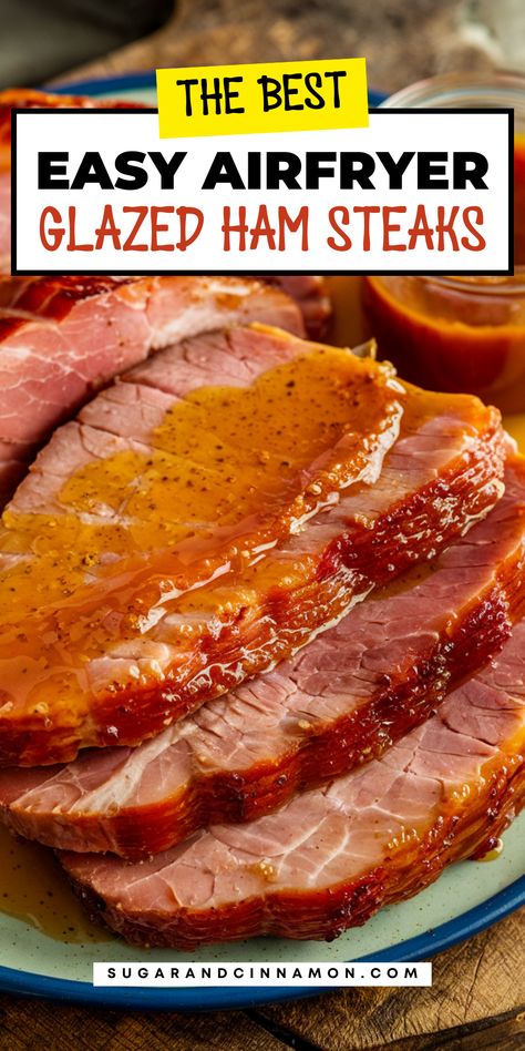 Get a deliciously glazed ham steak in no time with the air fryer! 🍖🔥 This recipe is perfect for busy nights when you need something tasty and fast. Sweet, savory, and simple! Be sure to save this pin for a go-to dinner idea! 📌💫 Air Fryer Ham Steaks, Steak Glaze, Cooking Ham Steak, Glazed Ham Steak, Ham Steak Dinner, Ham Steak Glaze, Cook Ham, Ham Steak Recipes, Sugar Ham