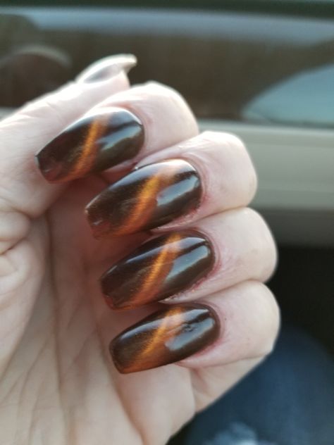 Amber cat's eye nails. Black Amber Nails, Orange Cateye Nails, Tiger Eye Nails Design, Dark Cat Eye Nails, Tigers Eye Nails, Brown Cat Eye Nails, Tiger Eye Nails, Amber Nails, Eye Nails