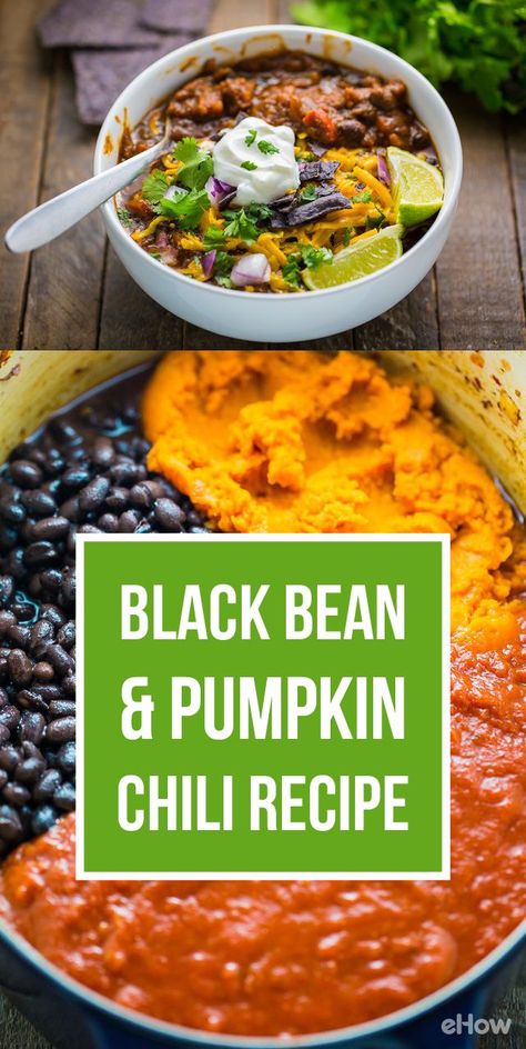 Black bean and pumpkin chili is exactly what you're missing! Combine these two vegetables to make the perfect veggie chili that is healthy, seasonal and hearty! Recip here: http://www.ehow.com/how_12343576_black-bean-pumpkin-chili-recipe.html?utm_source=pinterest.com&utm_medium=referral&utm_content=freestyle&utm_campaign=fanpage Black Bean Pumpkin Chili, Three Bean Chili Recipe, Easy Vegetarian Chili Recipe, Chili Recipe With Black Beans, Vegetarian Chili Easy, Slow Cooker Vegetarian Chili, Pumpkin Chili Recipe, Vegetarian Chili Recipe, Bean Chili Recipe