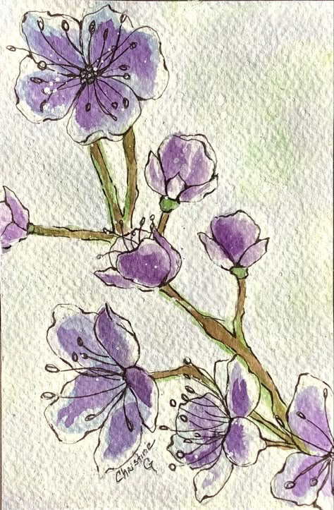 Purple Flowers Doodle, Purple Pen Drawing, Purple Flower Drawing, Purple Watercolor Flowers, Doodle Art Flowers, Flower Line Drawings, Doodle Art Drawing, Floral Drawing, Silk Art