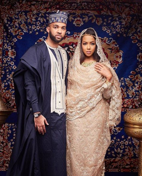 Bride & Groom Nigerian Wedding Attire, Hausa Bride, African Inspired Wedding, Hausa Wedding, Nikah Decor, Nigerian Traditional Wedding, African Wedding Attire, Nigerian Men Fashion, African Bride