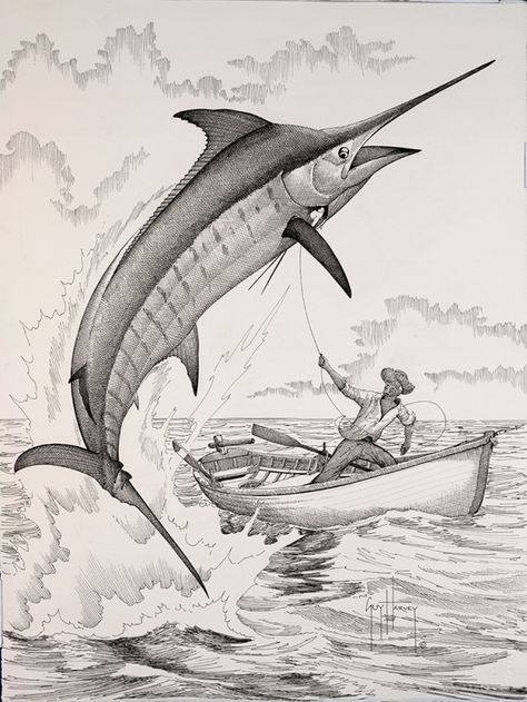 OLD MAN AND MARLIN Guy Harvey Art, Boat Drawing, Blue Marlin, Guy Harvey, Fishing Videos, Fish Drawings, Nautical Art, Sport Fishing, Fish Painting