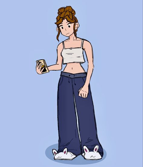 Slippers Drawing Reference, Bunny Slippers Drawing, Oc Pajamas Drawing, How To Draw Slippers, Pajama Drawing Reference, Girl Standing Reference Drawing, Drawing Messy Bun, Anime Pajamas Drawing, Sweatpants Drawing Reference