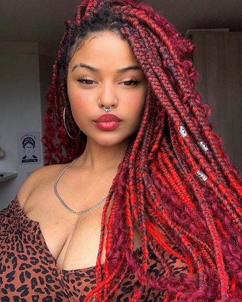 40+ Stunning Hair Colors that Compliment Darker Skin Tones – May the Ray Red Goddess Braids, Box Dreads, Hair Color For Dark Skin Tone, Hair Colors For Dark Skin, Red Goddess, Rasta Hair, Hair Color For Dark Skin, Darker Skin Tones, Big Box Braids