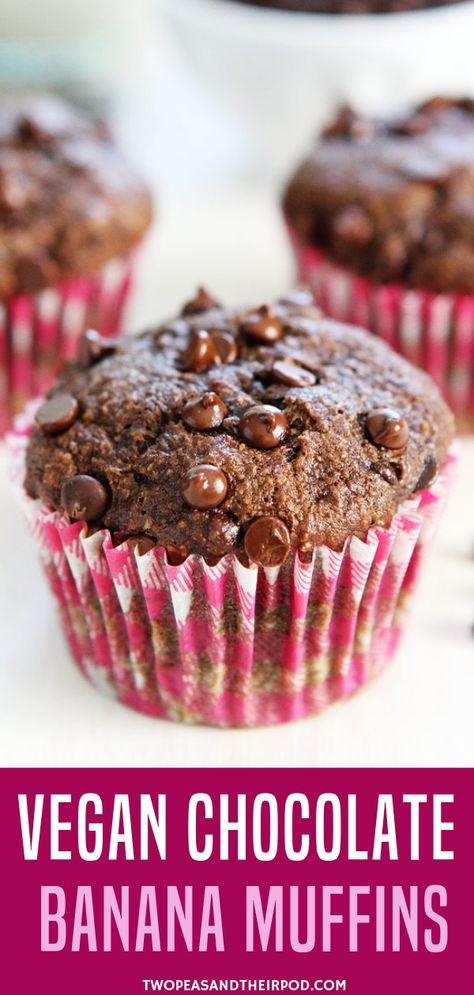 Chocolate Banana Muffins Healthy, Vegan Banana Chocolate Chip Muffins, Vegan Chocolate Muffins, Gluten Free Chocolate Muffins, Vegan Muffin, Vegan Banana Muffins, Healthy Banana Muffins, Double Chocolate Muffins, Chocolate Banana Muffins