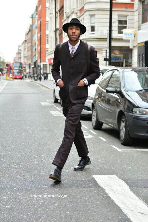 (C)David Nyanzi La Touche wears : Hat : Lock & Co Hatters Tie : Vintage Suit: Ben Sherman Shirt: Lacoste Shoes: Dr Martens Dr Martens Suit Men, Dr Martens Shoes Outfit, Dr Martens Men, Shoes Dr Martens, Lacoste Shoes, Vintage Suit, Vintage Suits, Men Formal, Boys Fashion