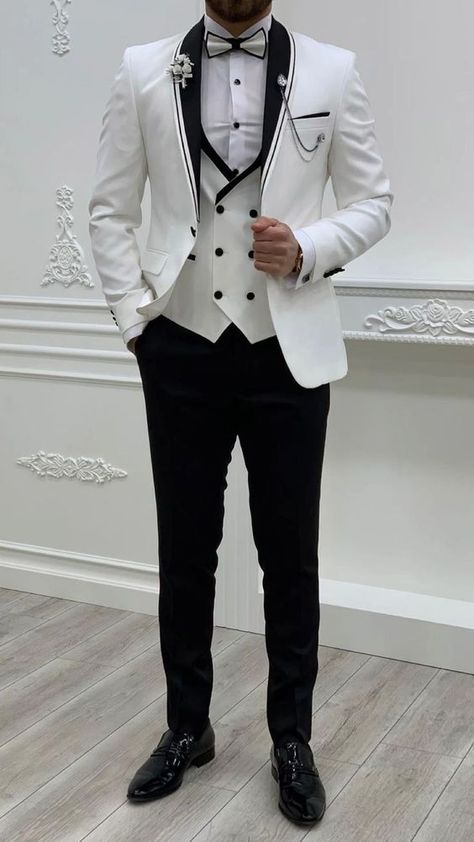 Best Wedding Suits For Men, Shawl Lapel Tuxedo, Austin White, Best Wedding Suits, White Wedding Suit, Black And White Suit, Classy Suits, Pants Gift, Slim Fit Tuxedo