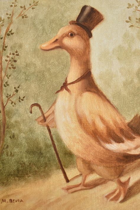 Gentleman Duck Out for a Stroll Oil Painting, 8x10 inches, Canvas Wood Panel. #duckpainting #duckart #ducks Classical Animal Paintings, Duck Paintings, Whimsical Portraits, Tattoo Sheets, Duck Painting, Odd Art, Duck Pictures, Vintage Duck, Duck Art