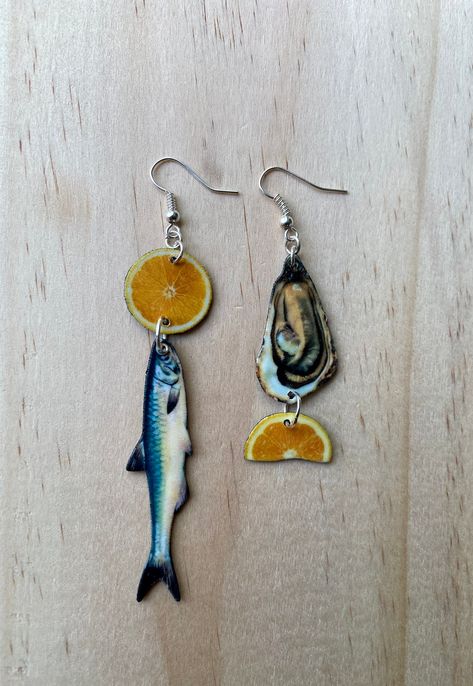 Created from my obsession with tinned fish and oysters, I made these earrings! Sardine Jewelry, Tinned Fish, Convenient Store, Fish Jewelry, Earrings Summer, Dope Jewelry, Fake Food, Anchovies, Funky Jewelry