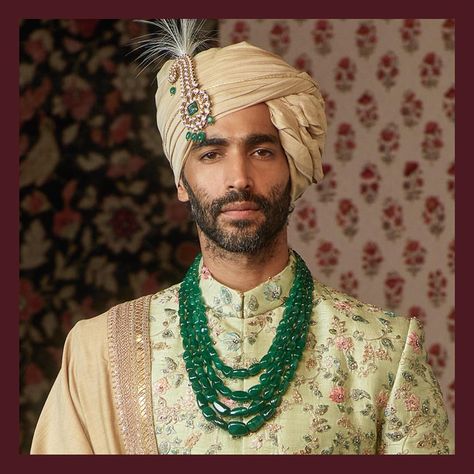 Hand-embroidered sherwani paired with multi-layered emerald necklace and a kalgi crafted with uncut diamonds and emeralds in 22k gold from… Groom Wedding Jewellery, Groom Jewellery, Hyderabadi Jewelry, Wedding Fits, Sabyasachi Bridal, Indian Groom Wear, Rani Haar, Sabyasachi Jewellery, Indian Men