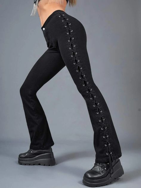 Lace Up Side Bootcut Leg Jeans | SHEIN USA Edgy Jeans, Black Flare Jeans, Cowgirl Jeans, Black Cowgirl, Shein Icon, Cosplay Diy, Cowgirl Style, Black Laces, Bootcut Jeans