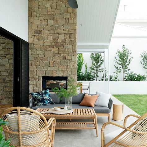 Alfresco Outdoor Living, Outdoor Alfresco Ideas, Outdoor Feature Wall Ideas, Alfresco Extension, Scandinavian Outdoor Living, Alfresco Designs, Outdoor Alfresco, Stone Feature Wall, Outdoor Fireplace Designs