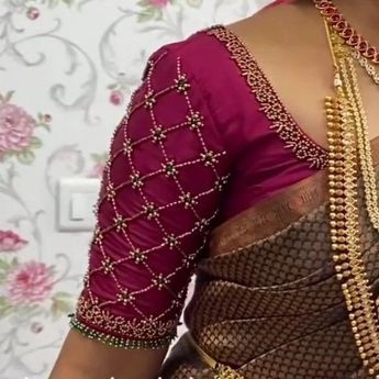 Maroon Color Blouse Aari Work, Double Colour Blouse Designs Latest, Simple And Elegant Aari Work Blouse, Maroon Blouse Aari Work Designs, Maroon Blouse Designs Bridal, Aari Work Bridal Blouse Designs, Simple Ariwork Blouse, Engagement Blouse Designs, Gold Blouse Designs