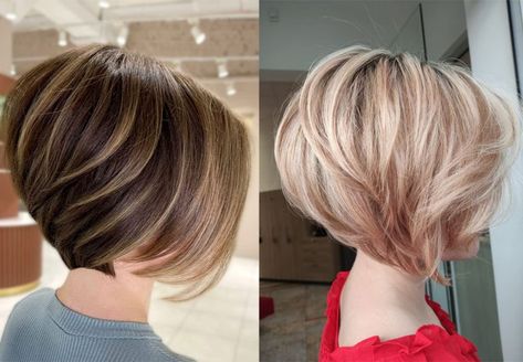 22 Stacked Bob Haircuts : Layered Sophistication for Modern Style Bob Haircuts Layered, Layered Stacked Bob Haircut, Stacked Angled Bob, Short Stacked Wedge Haircut, Stacked Bob Haircuts, Haircuts Layered, Short Stacked Hair, Wedge Haircut, Dramatic Silhouette