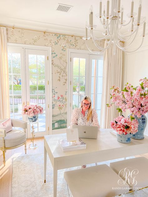 My Chinoiserie Home Office at The Wren - Randi Garrett Design Grandmillenial Office Style, Grand Millennial Home Office, Chinoiserie Office Decor, Pink And White Chinoiserie, Fashion Designer Office Interior, Preppy Home Office, Feminine Decor Ideas, Elegant Craft Room, Sitting Nook Ideas