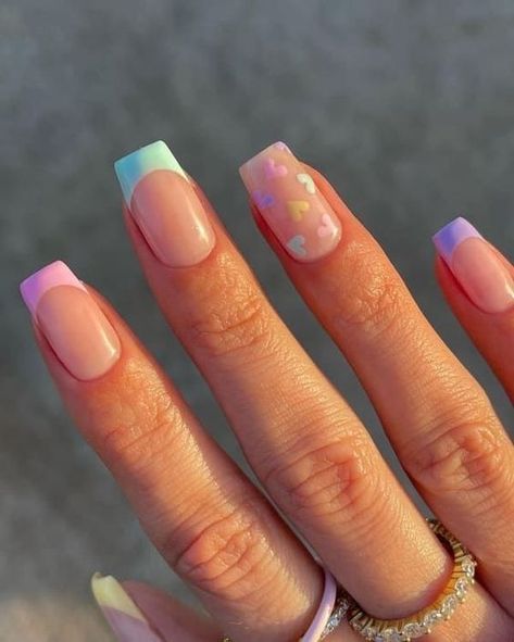 Summer French Tip Nails: Elegant Designs, Neon & Flower Accents 2024 French Manicure With Hearts, Short Square Acrylic Nails French Tips With Design, Pastel Tips Nails, French Manicure Couleur, Pastel French Nails, Pastel French Tip Nails, Pastel French Tips, Nail Designs And Colors, Swirl Nail