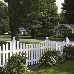 cape cod fence styles | Bufftech Concave Cape Cod Vinyl Fence - Discount Fence Supply Fence With Flowers, Vinyl Picket Fence, Backyard Fence, White Fence, Backyard Privacy, Fence Styles, Front Yard Fence, White Picket Fence, Fence Landscaping