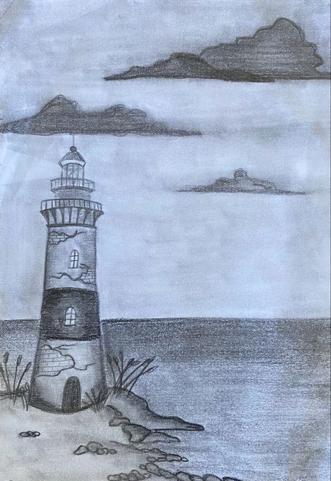 Seascape Pencil Sketch, Drawing Ideas Easy Ocean, Sea Sketch Ocean, Ocean Theme Drawings, Beach Scene Drawing Pencil, Sea Sketch Pencil, Ocean Drawing Pencil, Sea Scape Drawing, Sea Drawing Pencil