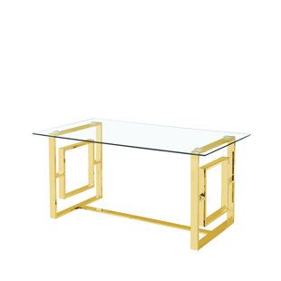 Gold Metal Dining Table, Dining Table Gold, Gold Dining, Tempered Glass Table Top, Glass Top Dining Table, Gold Effect, Modern And Traditional Decor, Trestle Dining Tables, Metal Dining Table