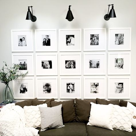 Gallery Wall Lighting, Survival Bow, Family Gallery Wall, Large Gallery Wall, Design Grid, White Photo Frames, Modern Gallery Wall, Gallery Wall Living Room, Gallery Wall Inspiration