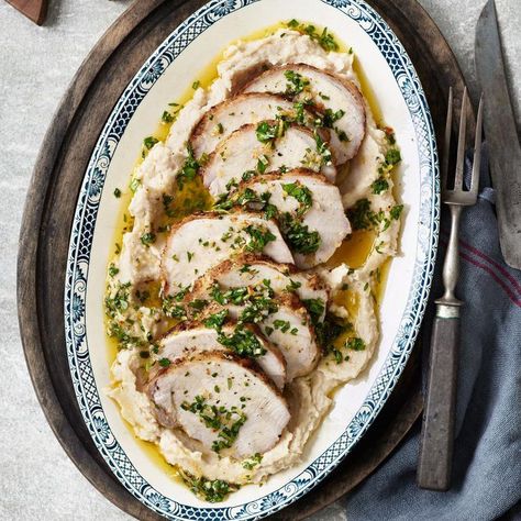 Grilled Pork Loin with White Bean Puree & Lemon Herb Vinaigrette White Bean Puree, Bean Puree, Grilled Pork Loin, Herb Vinaigrette, Diet Dinner, Traditional Italian Dishes, Low Carb Veggies, Pork Loin Recipes, Baked Asparagus