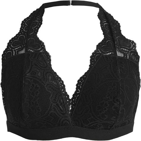 OYOANGLE Women's Plus Size Floral Lace Halter Bralette Scallop Trim Wireless Bra Black 3XL at Amazon Women’s Clothing store Lace Halter Bralette, Halter Bralette, Scallop Trim, Everyday Bra, Wireless Bra, Amazon Women, Amazon Fashion, Floral Lace, Clothing Store