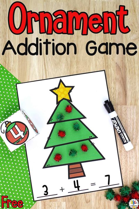 This Christmas Ornament Addition Game is a hands-on way for kids to practice identifying numbers, counting, and adding to 12. Christmas Math Stations Kindergarten, Christmas Math Games Preschool, Christmas Math Games First Grade, Christmas Kindergarten Math Activities, Christmas Math Games Kindergarten, Christmas Addition Kindergarten, Christmas Math Preschool, Kindergarten Addition Activities, Christmas Math Activities Kindergarten