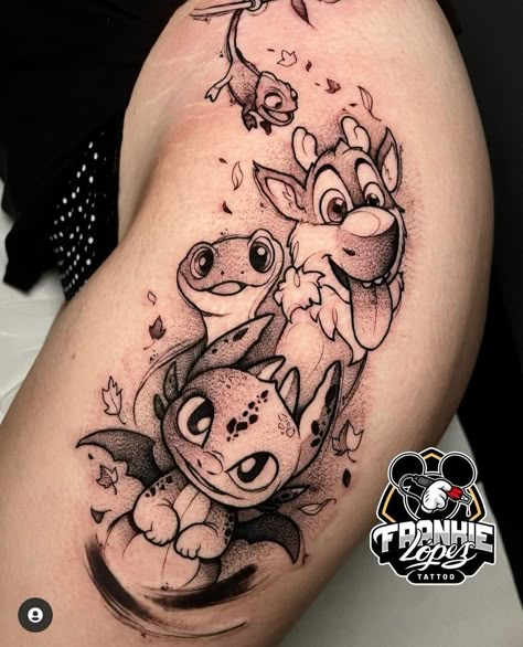 Disney Mashup Tattoos, Disney Tattoo Sketches, Disney Characters Tattoos Sleeve, Disney Hip Tattoo, Unique Animal Tattoos For Women, Disney Arm Sleeve Tattoos For Women, Disney Collage Tattoo, Disney Floral Tattoo, Disney Character Tattoos