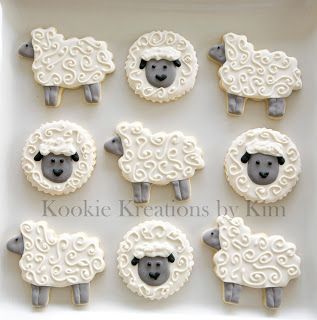 Sheep cookies - Kookie Kreations by Kim Sheep Sugar Cookies Decorated, Lamb Cookies Decorated, Sheep Sugar Cookies, Sheep Cookies Decorated, Sheep Cookies, Sheep Cake, Baptism Cookies, Farm Cookies, Sheep Crafts