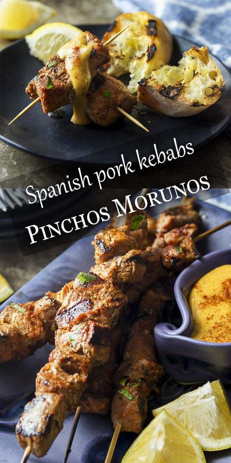 Pinchos Morunos - Spanish Pork Kebabs - Just a Little Bit of Bacon Pork Spanish Recipes, Spanish Bbq Ideas, Spanish Pork Recipes, Spanish Bbq, Paprika Aioli, Spanish Pork, Tapas Food, Pork Kebabs, Spanish Tapas Recipes