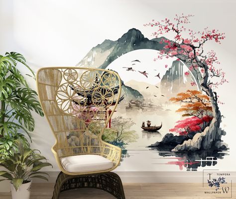 Wallpaper Japanese, Japanese Wallpaper, Japanese Nature, Japanese Pagoda, Garden Mural, Japanese Bird, Adhesive Wall Art, Asian Garden, Style Wallpaper