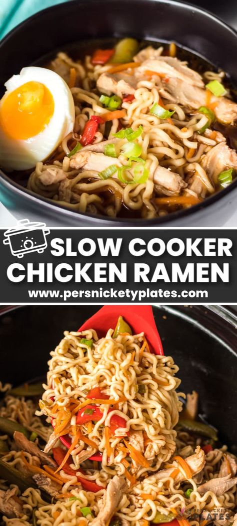 Slow Cooker Chicken Ramen is a light, yet hearty noodle dish made in the crockpot using budget-friendly ingredients and a ton of flavor! It's made with slurpy noodles, chicken, veggies, and a sweet and savory broth that comes together with just 10 minutes of prep time! Slow Cooker Chicken Ramen, Chicken Ramen Noodle Recipes, Chicken Ramen Recipe, Persnickety Plates, Noodles Chicken, Honey Soy Chicken, Chicken Ramen, Easy Slow Cooker Chicken, Crockpot Dinners