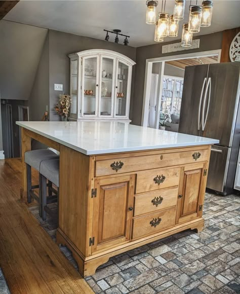 Kitchen Island From Repurposed Furniture, Islands That Look Like Furniture, Old Dresser Into Kitchen Island, Kitchen Islands From Old Furniture, Repurposed Island Kitchen, Kitchen Cabinets From Furniture, China Cabinet Kitchen Island, Kitchen Island Repurposed Furniture, Dresser Repurposed Ideas Kitchen Islands