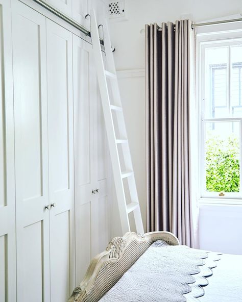 Provincial Kitchens Home on Instagram: “Beautiful use of space with this fabulous long wardrobe, that we extended to the ceiling utilising a custom ladder to get all those high…” High Ceiling Wardrobe Ideas, High Ceiling Wardrobe, Wardrobe Ladder, Ladder Wardrobe, Long Wardrobe, High Ceiling Bedroom, Walking Wardrobe, Fitted Bedroom Furniture, Long Room