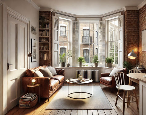 London apartment with white shutter, brown leather sofa, and exposed brick wall. London Bedroom, White Shutters, Brown Leather Sofa, London Apartment, Exposed Brick, Brick Wall, Shutters, Leather Sofa, Brown Leather