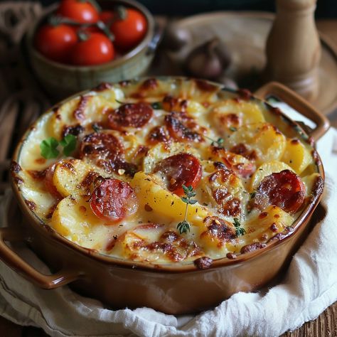 Potato Chorizo, Sweet Chili Sauce Recipe, Gratin Dish, Food Recepie, Grated Cheese, Food Obsession, Creative Food, A Bowl, Amazing Food