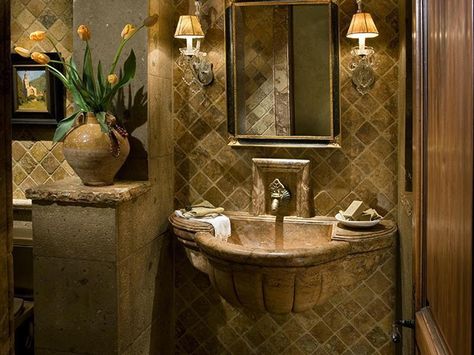 ♥ Tuscan Powder Room, Tuscan Bathroom Ideas, Tuscan Bathroom Decor, Tuscany Decor, Tuscan Bathroom, Wood Bathroom Vanity, Tuscan Design, Washroom Design, Mediterranean Home Decor