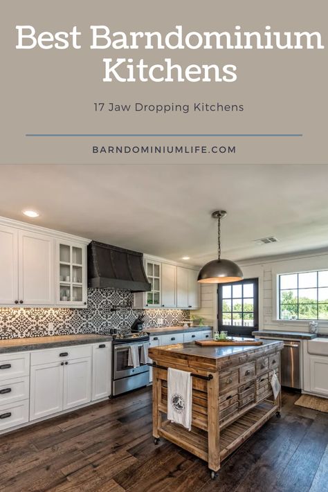 Barndominium Kitchen Backsplash, Barndominium Kitchen Design, Farmhouse Barndominium Kitchen, Barndo Kitchen Layout, Bardominum Kitchen Ideas, Butcher Block Island With Granite Countertops, Barndominium Kitchen Cabinets, Barndominium Kitchen Ideas Farmhouse, Barndominium Ideas Interiors Kitchen