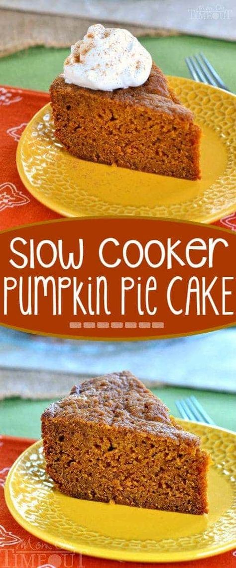 This Slow Cooker Pumpkin Pie Cake is sure to quickly become a family favorite. Moist, delicious and so wonderfully easy to prepare - straight from your slow cooker. // Mom On Timeout #pumpkin #cake #pie #Thanksgiving #Christmas #slowcooker #crockpot #dessert #recipe #momontimeout Slow Cooker Pumpkin Pie, Pumpkin Pie Cake, Weight Watcher Desserts, Slow Cooker Pumpkin, Crock Pot Desserts, Slow Cooker Desserts, Low Carb Dessert, Pie Cake, Delicious Pumpkin