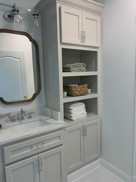 Linen Tower Bathroom Vanity, Small Bathroom Linen Storage, Built In Sink Bathroom, Tall Bathroom Storage Cabinet Built Ins, Built In Closet Bathroom, Restroom Cabinets Ideas, Vanity With Tall Side Cabinet, Bathroom Built In Cabinet Wall Storage, Towel Cabinet Bathroom