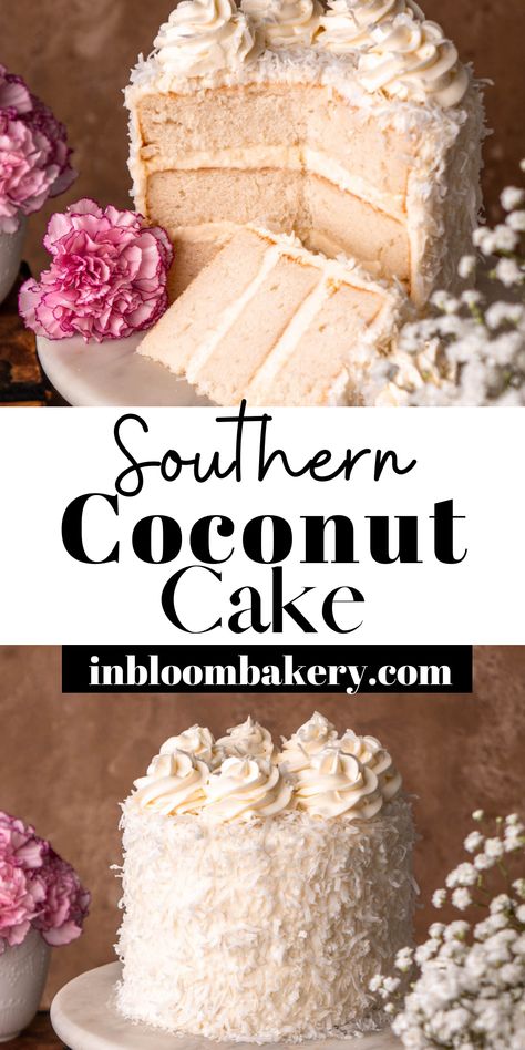 This is the best coconut cake recipe! It's a light and fluffy southern coconut cake, frosted with coconut cream cheese frosting and sprinkled with coconut flakes. Coconut lovers will absolutely love this cake! Coconut Cream Cake Recipe, Southern Coconut Cake Recipe, The Best Coconut Cake, Southern Coconut Cake, Best Coconut Cake, Best Coconut Cake Recipe, Fancy Baking, In Bloom Bakery, Coconut Cream Cheese