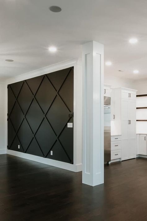 Modern Wainscoting Bedroom, Diamond Panel Wall, Black Diamond Accent Wall, Diamond Shape Accent Wall, Diamond Board And Batten Wall, Diamond Wood Accent Wall, Diamond Accent Wall Diy, Board And Batten Ceiling, Black Board And Batten Wall