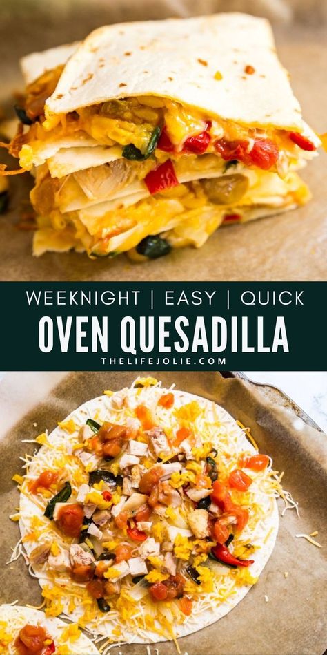 Hear me out: baked quesadilla. Not the most authentic, but super delicious and perfect for a busy weeknight! Make these and your family will be thrilled! You know those nights where the idea of having to get dinner on the table is just too much? Made with cheese, tortillas and whatever filling you have in your fridge, this easy Weeknight Oven Quesadilla Recipe is the solution to all your weeknight dinner woes! Oven Quesadilla, Baked Quesadilla, Rotisserie Chicken Oven, Baked Quesadillas, Chicken Quesadillas Easy, Cheese Tortillas, Bbq Chicken Quesadilla, Chicken Quesadilla Recipe, Recipe Using Chicken