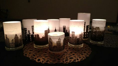 City of stars party City Lights Theme Party Ideas, City Party Decorations, A Night In The City Theme, City Prom Theme, City Themed Centerpieces, City Lights Party Theme, Night In The City Dance Theme, Cityscape Centerpiece, Night In New York Dance Theme