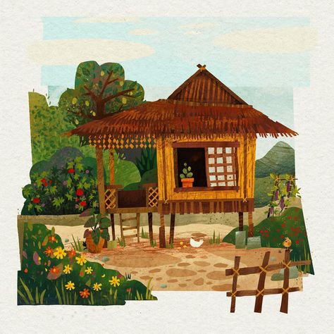 Experimented on a collage-ish style for this bahay kubo piece. I quite loved how it turned out. What do you think? I feel likei could hang this on my wall. 😁 I would love to do an actual collage someday when i have more time. #bahaykubo #procreateart #collage #architecture #pilipinas #filipino #culture #kidlit #childrensillustrations Bahay Kubo Illustration, Bahay Kubo Painting, Bahay Kubo Drawing Easy, Bayanihan Drawing, Bahay Kubo Drawing, Filipino Culture Art, Philippines Illustration, Bahay Kubo Design Philippines, Filipino School