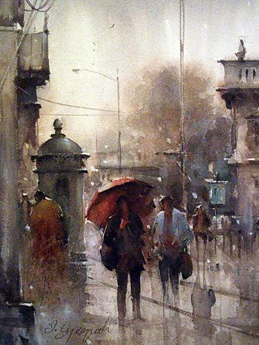 Dusan Djukaric Rain Illustration, Watercolor Architecture, Umbrella Art, Walking In The Rain, Cat Air, Watercolor Artists, City Street, Pics Art, Watercolor Artist