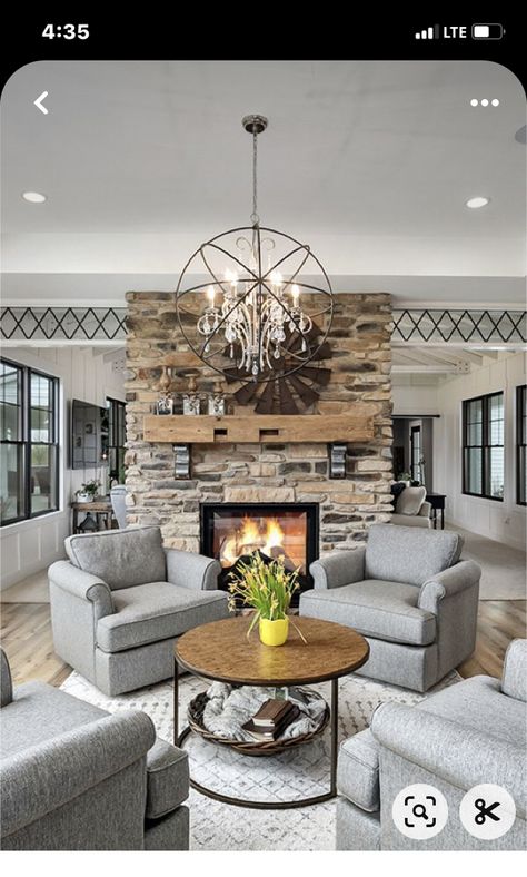 Modern Farmhouse Seating Area, Fireplace With Opening On Each Side, Two Chairs Sitting Area Fireplace, Seating Area In Front Of Fireplace, Small Hearth Room Off Kitchen, Sitting Room Ideas Cozy Farmhouse, Double Sided Fireplace Living Room Ideas, Sitting Area In Front Of Fireplace, 4 Chair Seating Area