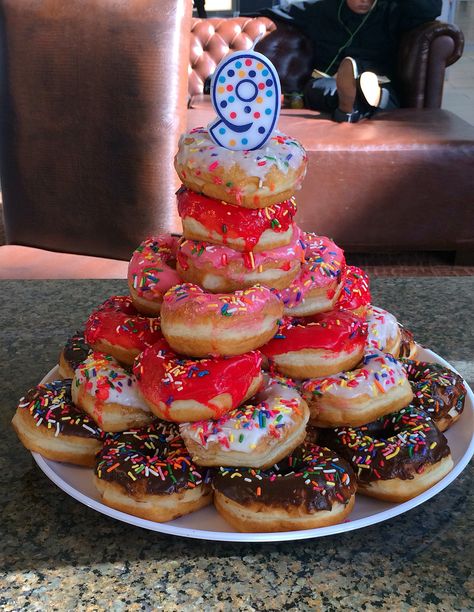 The easiest birthday cake I've ever made #donuts #birthday #cake Cake Made Of Donuts Birthday, Doughnut Stack Cake, Birthday Doughnut, Donuts Birthday, Birthday Cale, Donut Birthday Cake, Bday Themes, Donut Tower, How To Stack Cakes