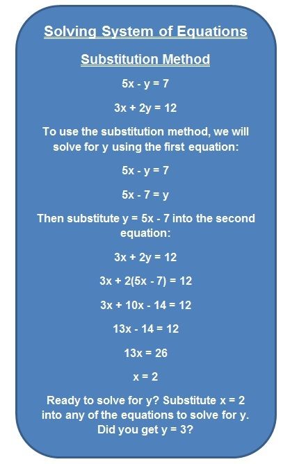 Today's 'Daily Math' Tip - Solving System of Equations: Substitution Method:     http://www.virtual-mathematics.com/daily-math.html Substitution Method, System Of Equations, Algebra Help, Math Sites, Simultaneous Equations, Math Tips, Mathematics Games, Math Textbook, Two Step Equations