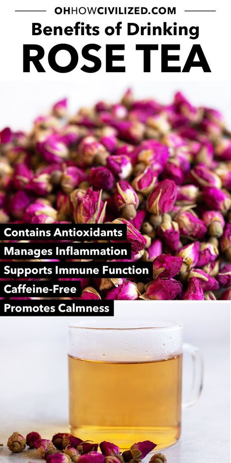 See all the ways caffeine-free rose tea is good for you, from how it manages inflammation to supporting immune function. #caffeinefree #rosetea #herbaltea #healthytea Rose Tea Benefits, Winter Tea Recipe, Hot Tea Recipes, Herbal Tea Benefits, Best Herbal Tea, Afternoon Tea Recipes, Caffeine Free Tea, Simple Syrup Recipes, Herbal Teas Recipes